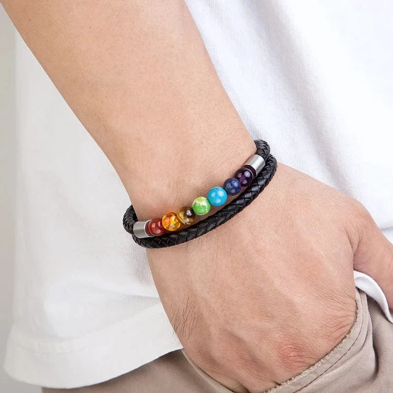 7 Chakra Bracelet en cuir véritable hommes femmes cristal naturel guérison l'anxiété bijoux Mandala Yoga méditation Bracelet cadeau