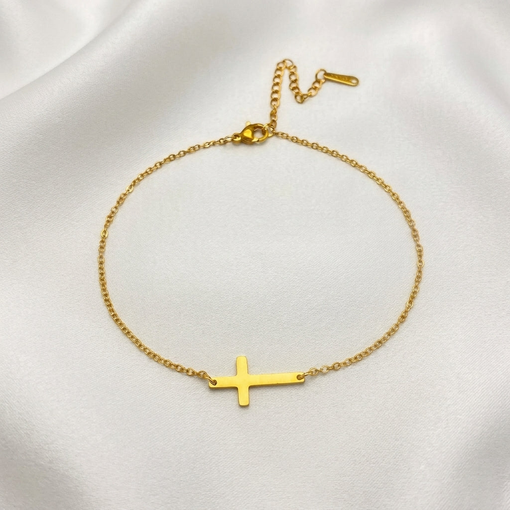 Bracelet Cheville Croix Dorée Acier 201 PVD Waterproof | WristArt