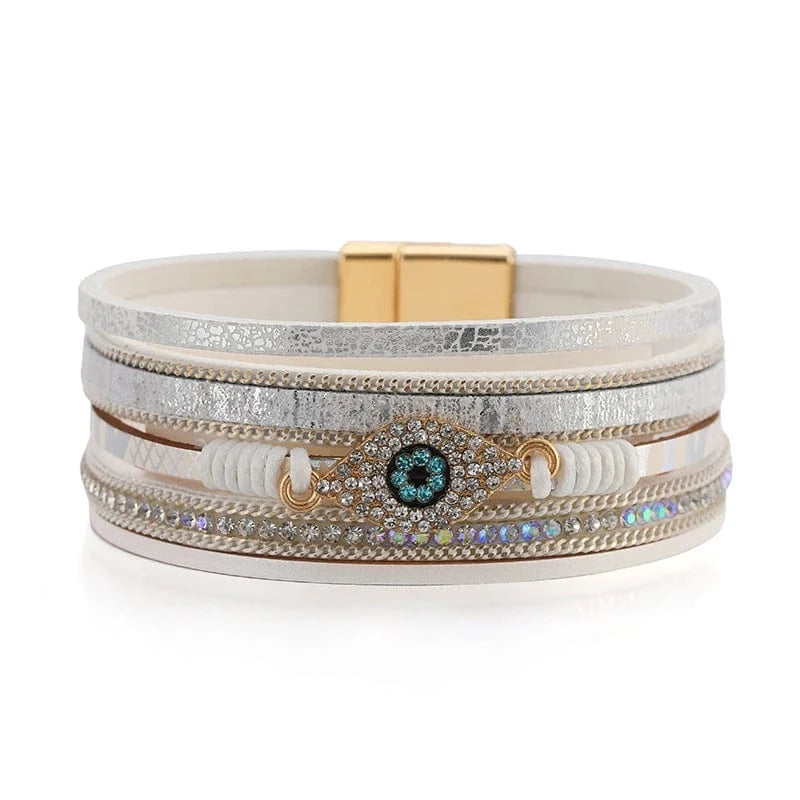Bracelet cuir boho œil turc femme Blanc