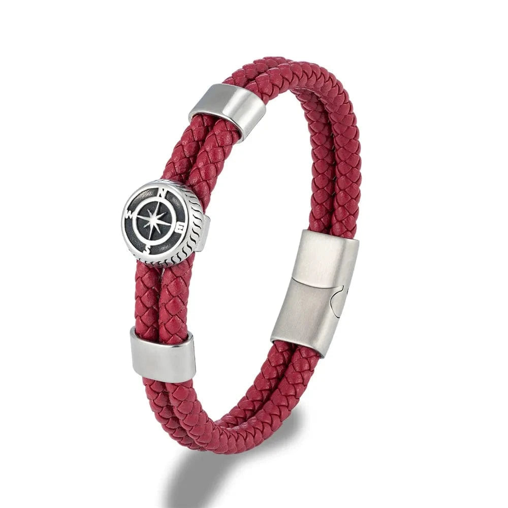 bracelet cuir boussole homme Rouge / 23cm