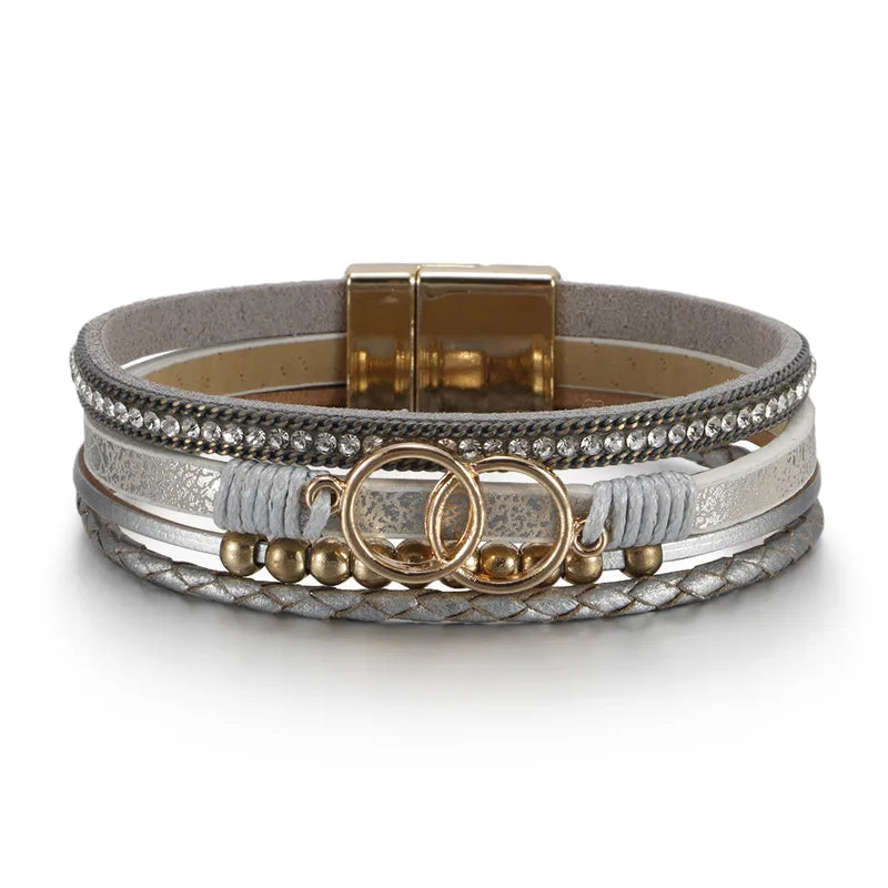 Bracelet cuir femme double anneau et perles Gris Foncé