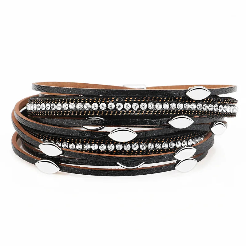bracelet-cuir-femme-luxe-multirang Noir