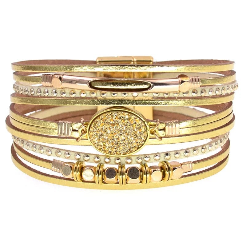 Bracelet Cuir Femme Multirang Or / 17cm