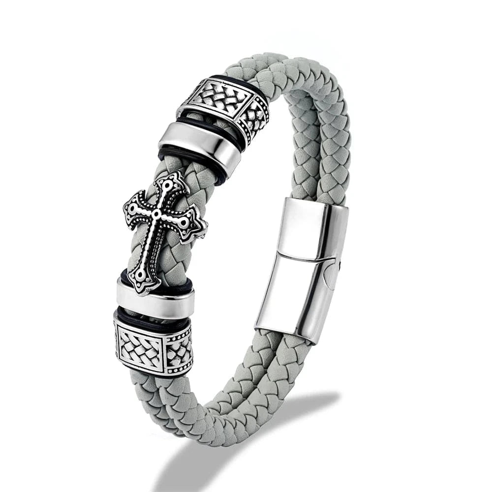 bracelet cuir homme croix blanche Gris / 21cm