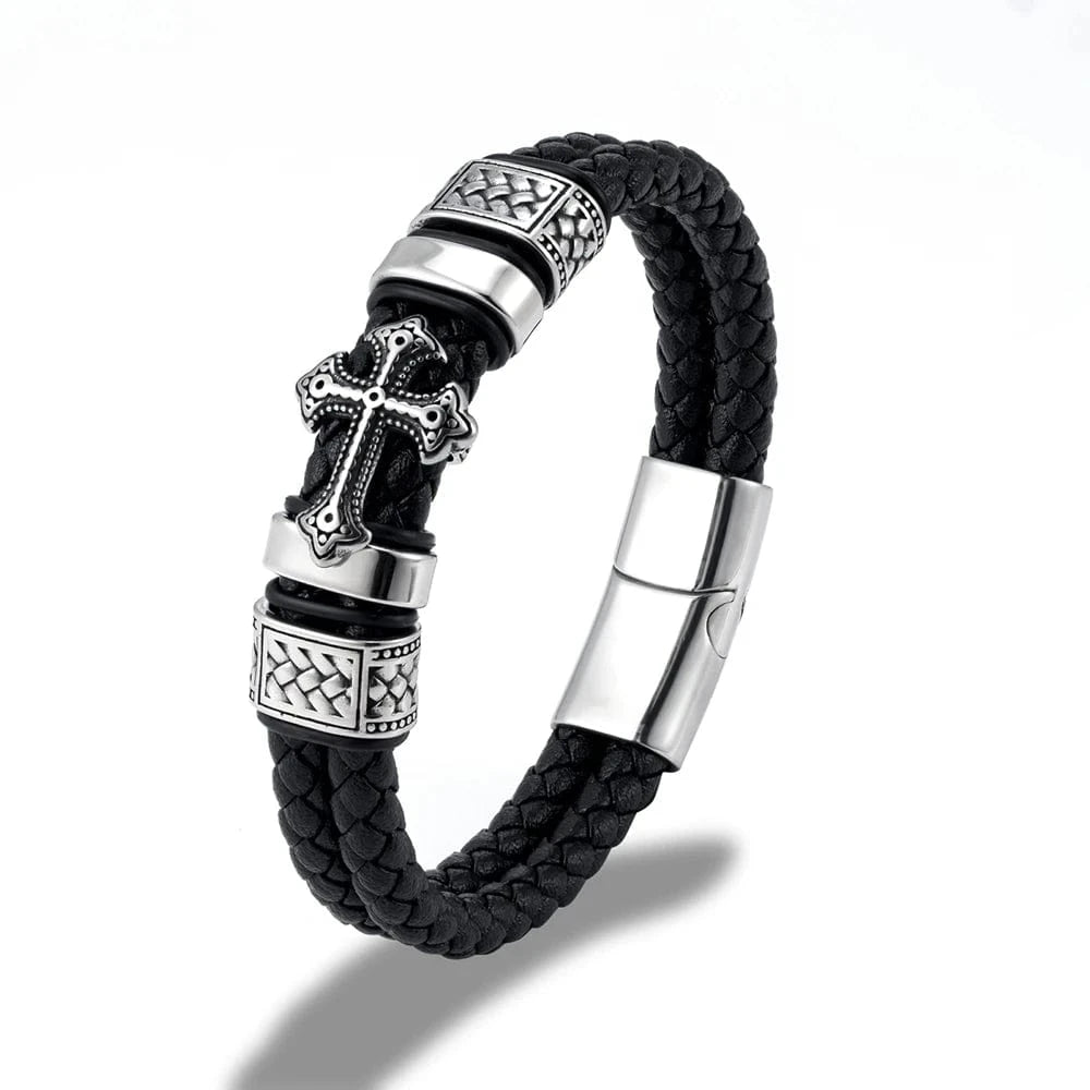 bracelet cuir homme croix blanche Noir / 21cm