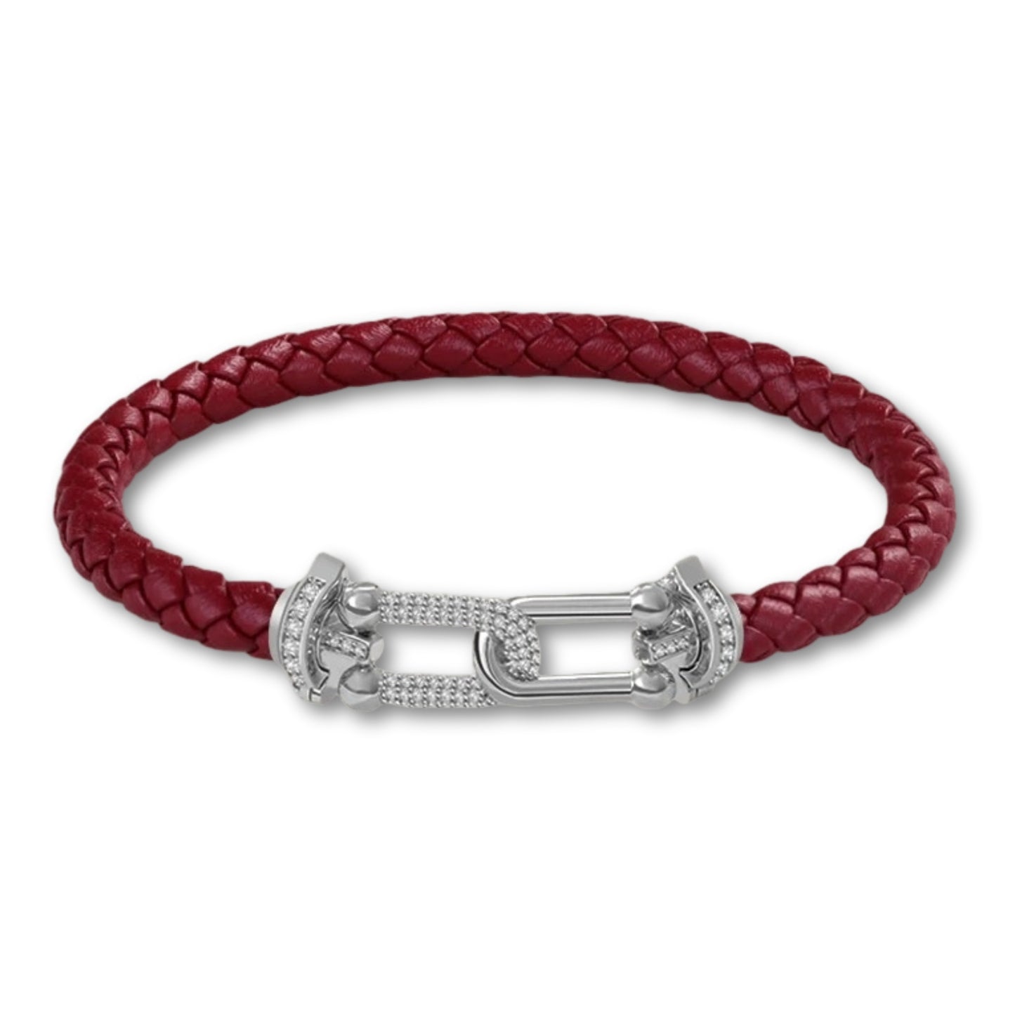 Bracelet en cuir tressé pour femme fermoir argenté chic Rouge Foncé / 16cm