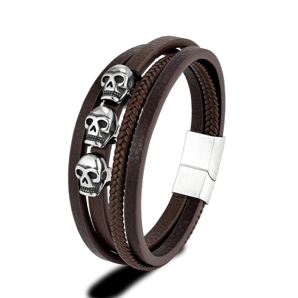 Bracelet homme cuir tête de mort Marron / 19cm