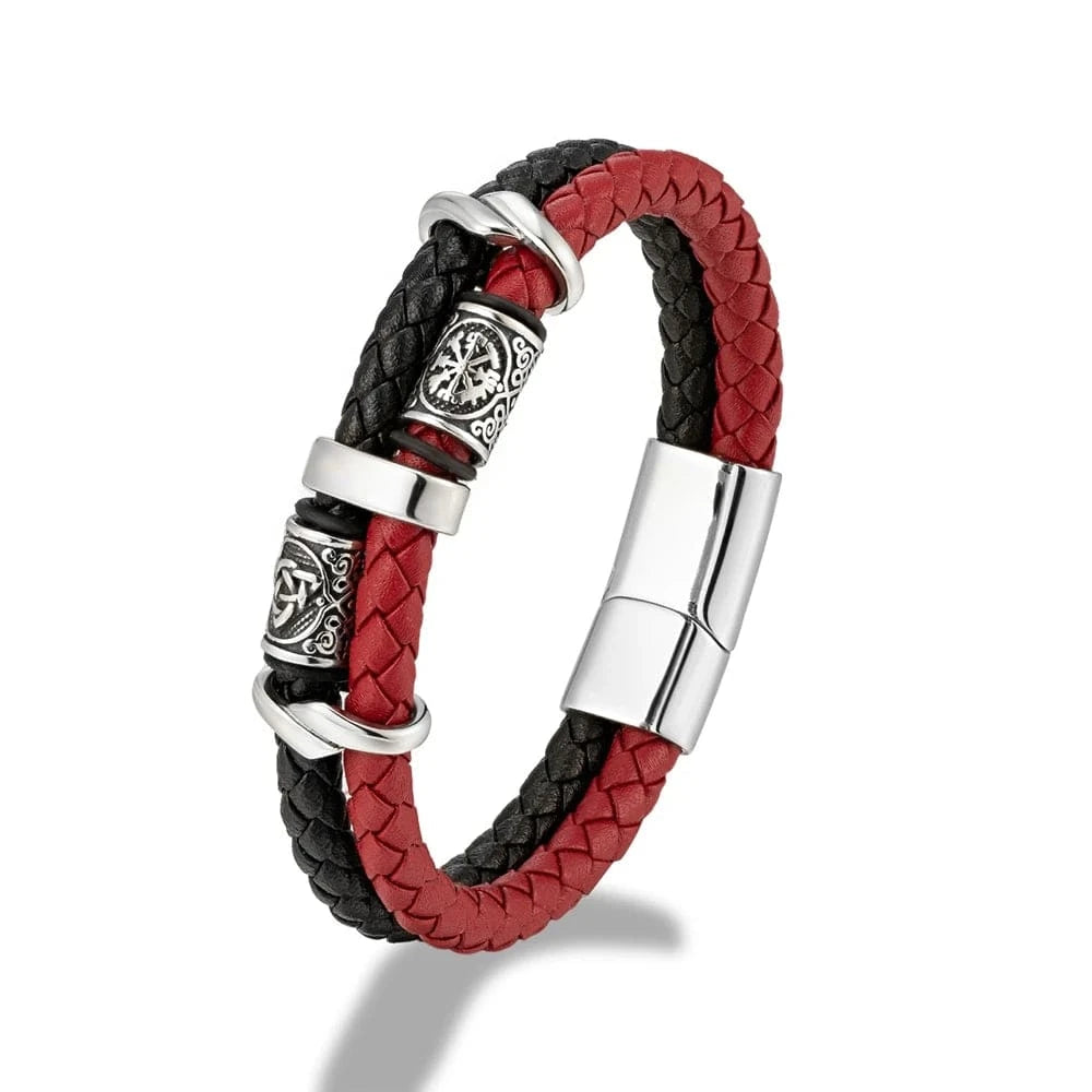 Bracelet homme cuir tressé argenté Rouge / 19cm