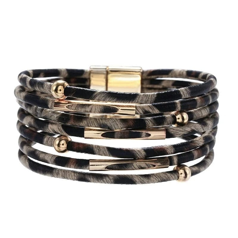 Bracelet Léopard Multirangs Cuir Marron
