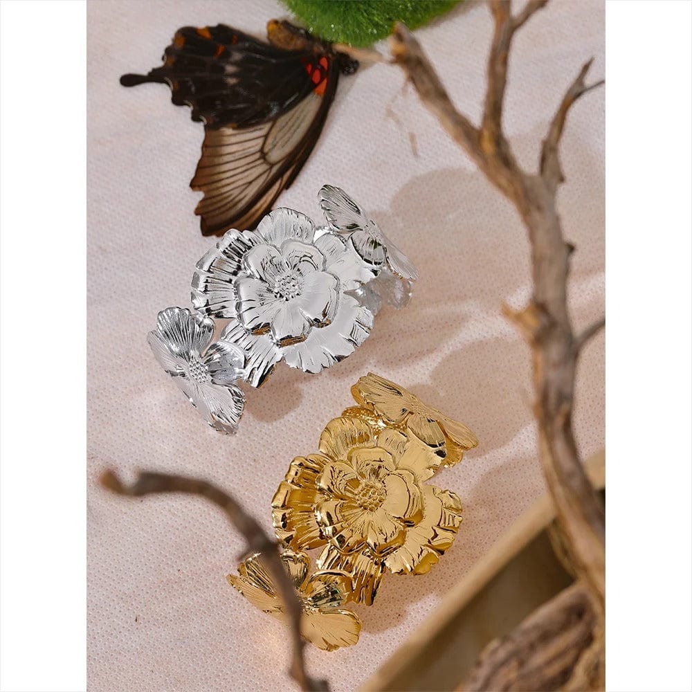 bracelet manchette doré motif floral