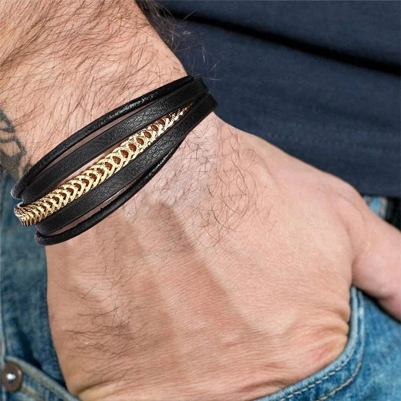 Bracelet multicouches en cuir véritable pour hommes, chaîne à maillons cubains en acier inoxydable, accessoires de bijoux magnétiques Punk