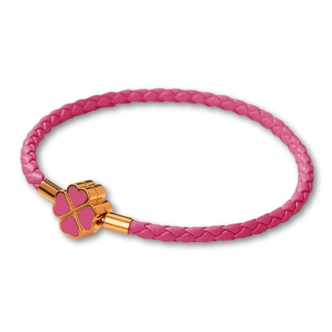 Bracelet Trèfle 4 Feuilles en Cuir | Porte-Bonheur Élégant Rose Foncé / 16cm