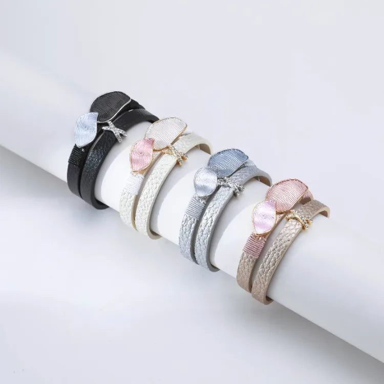 Double Layer Ladies Fashion Bracelet Vintage Dual Color Painted Drip Oil Rhinestone Hotfixed Stylish Waterdrop Design Leather