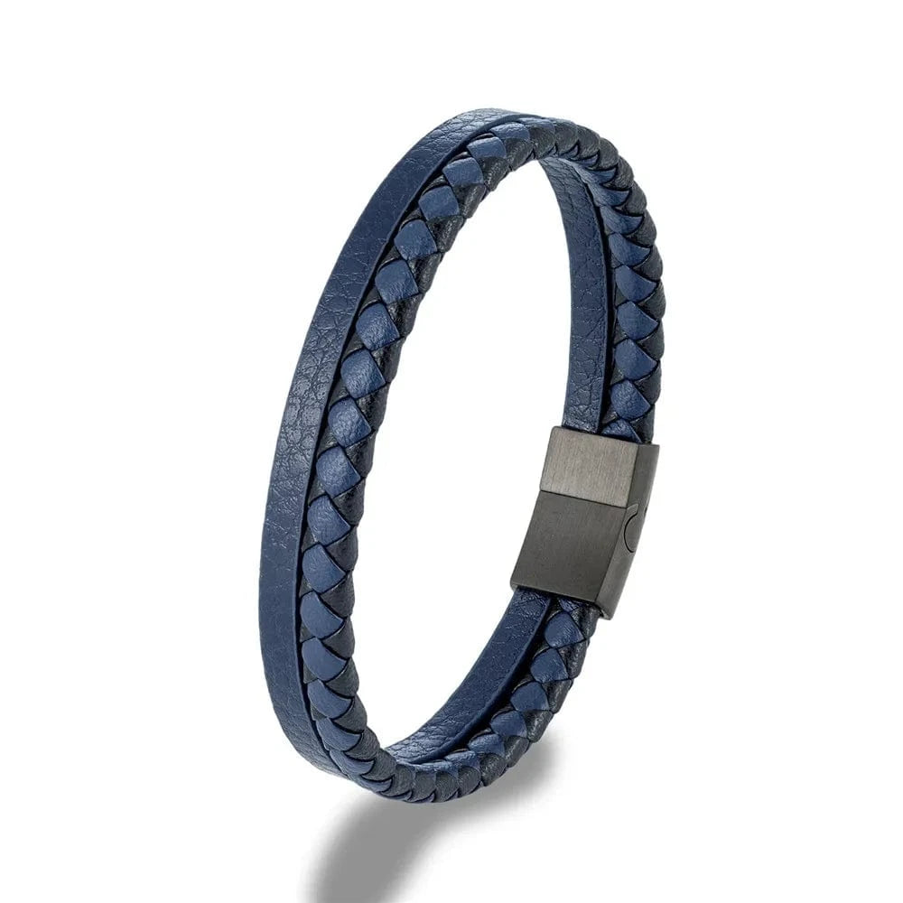 MKENDN Bracelet en cuir tressé pour hommes Bracelet en cuir marron et noir Bracelet manchette avec fermoir magnétique en acier inoxydable noir mat Bleu / 19cm