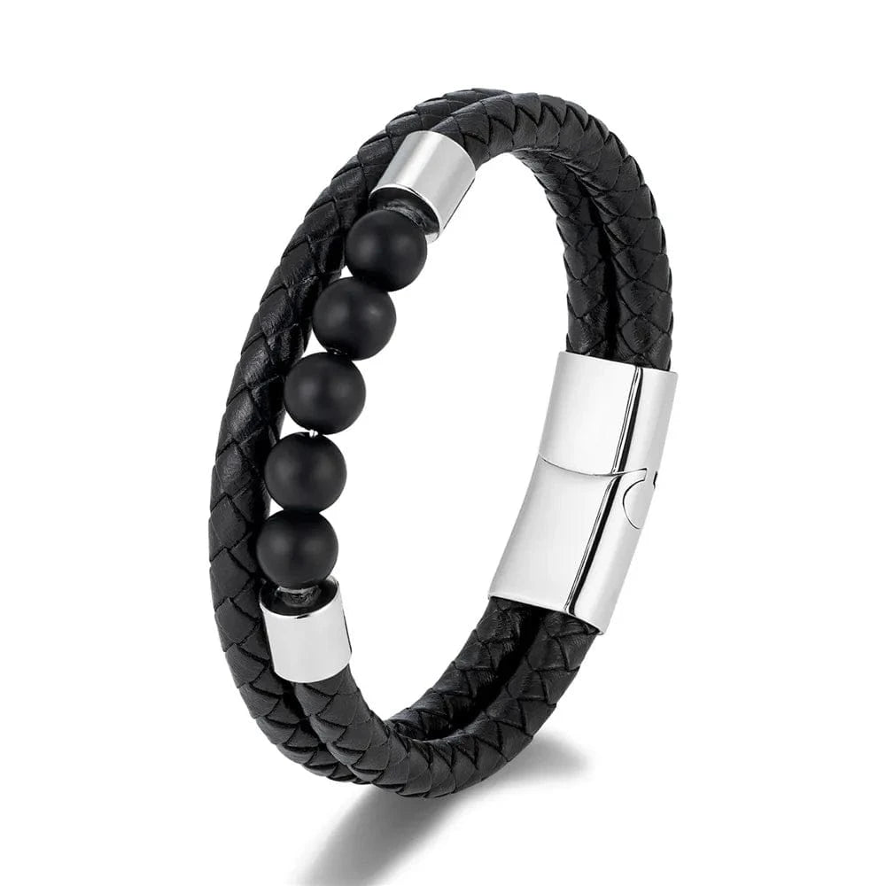 MKENjazz-Bracelet à breloques en cuir tressé multicouche pour homme, pierre d'oeil de tigre vert paon, bijoux simples en acier inoxydable Noir / 19cm