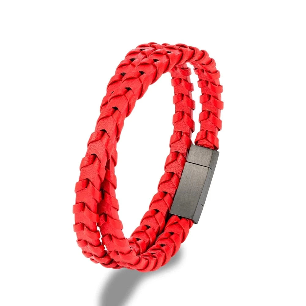 MKENjazz-Bracelet en cuir double couche pour homme, ULtressée, bouton en acier inoxydable, accessoires noirs, bijoux cadeaux, style simple, 256 Rouge / 19cm