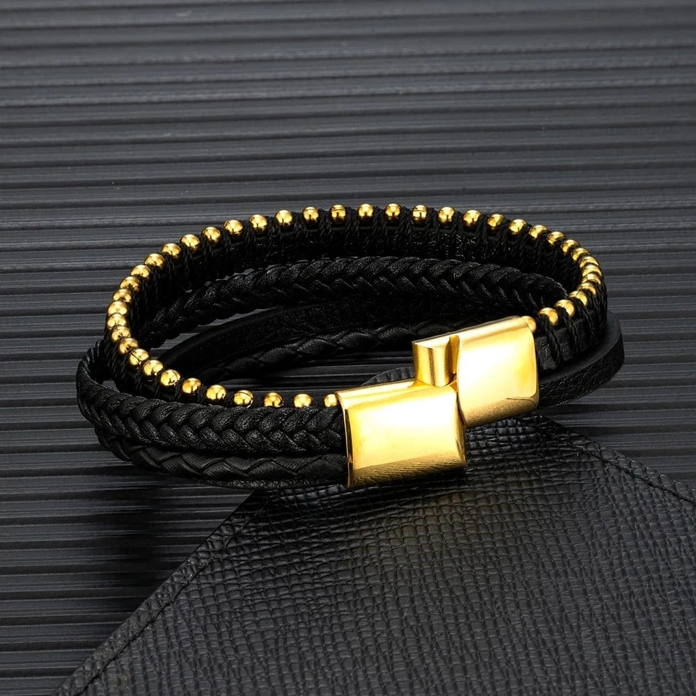 MKENjazz-Bracelet en cuir tressé pour homme, perles simples, bouton en acier inoxydable, multicouche, tissé à la main, breloque bijoux cadeaux