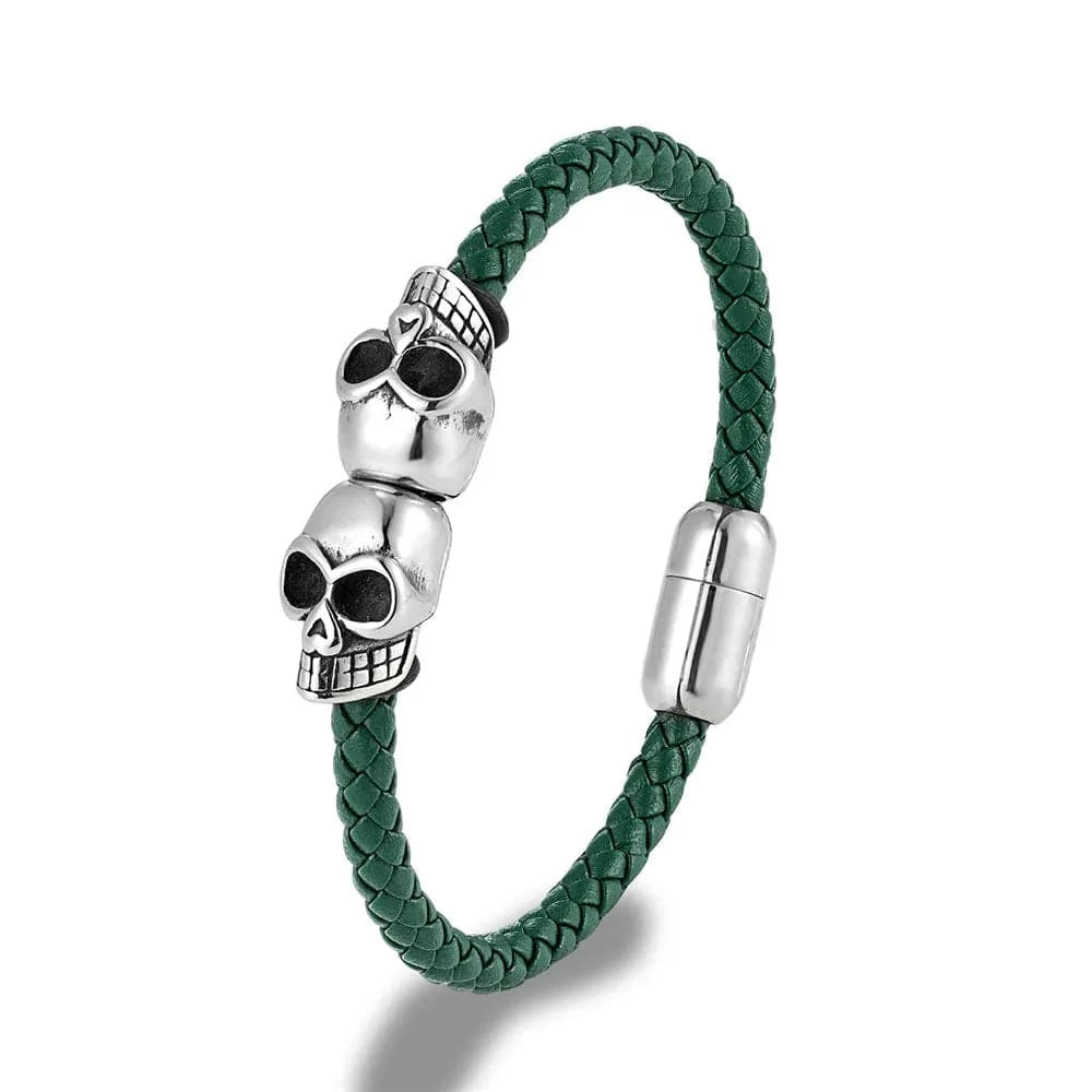 MKENjazz-Bracelet tête de mort en cuir tressé noir pour homme, acier inoxydable, bijoux gothiques, punk, rock, jumeaux Vert / 19cm