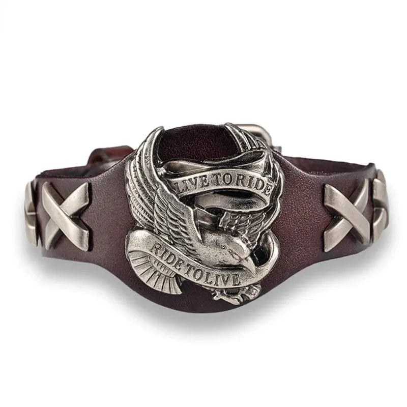 MKENJazz-Bracelets en cuir véritable pour hommes et femmes, offre spéciale, tour à vivre, crâne d'oiseau, rétro Marron Foncé