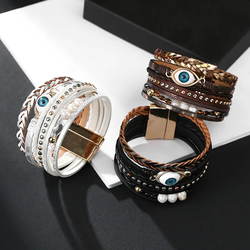 Modern Bohemian Style Multi-Layer Woven Simple Bracelet Ladies Devil's Eyelid Fashion Hand Chain Leather Material Coated Craft