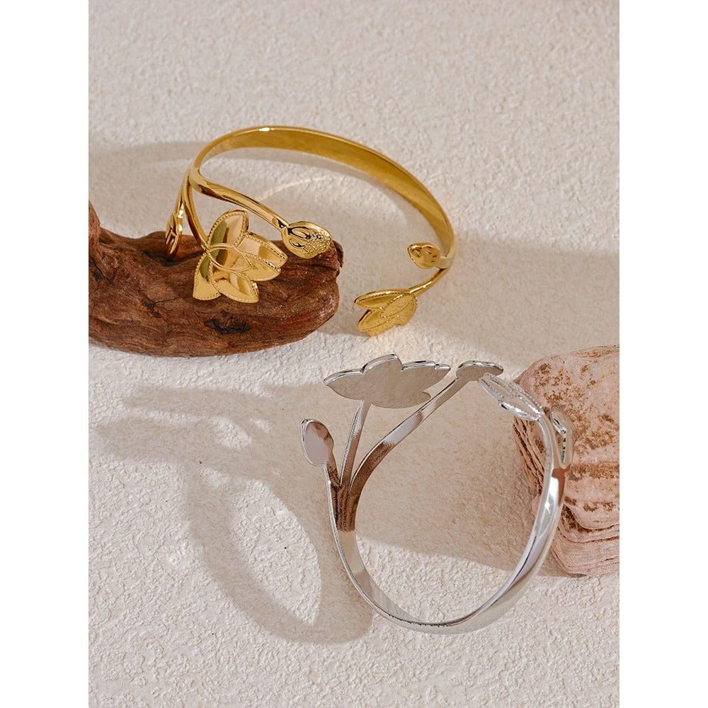 Yhpup grande fleur en acier inoxydable ouvert mode manchette Bracelet Bracelet étanche en métal résistant au ternissement Bijoux pour femmes Bijoux