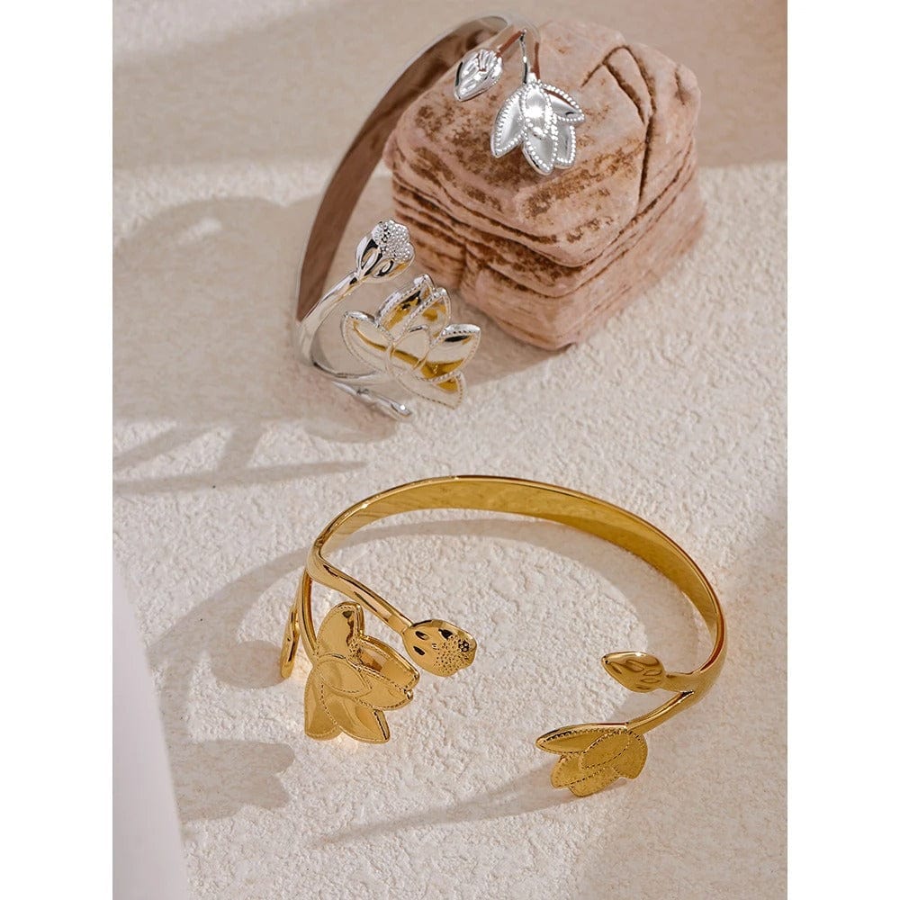 Yhpup grande fleur en acier inoxydable ouvert mode manchette Bracelet Bracelet étanche en métal résistant au ternissement Bijoux pour femmes Bijoux
