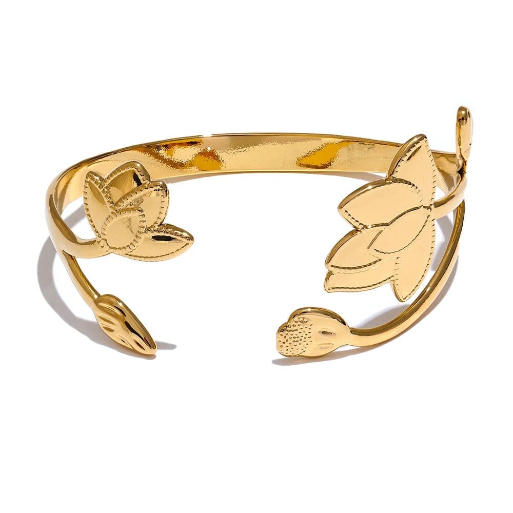 Yhpup grande fleur en acier inoxydable ouvert mode manchette Bracelet Bracelet étanche en métal résistant au ternissement Bijoux pour femmes Bijoux Or