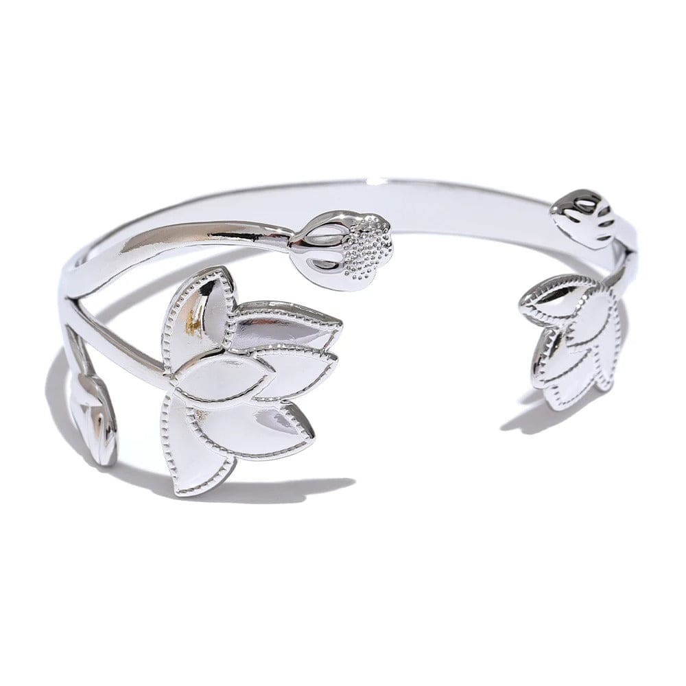 Yhpup grande fleur en acier inoxydable ouvert mode manchette Bracelet Bracelet étanche en métal résistant au ternissement Bijoux pour femmes Bijoux Platine