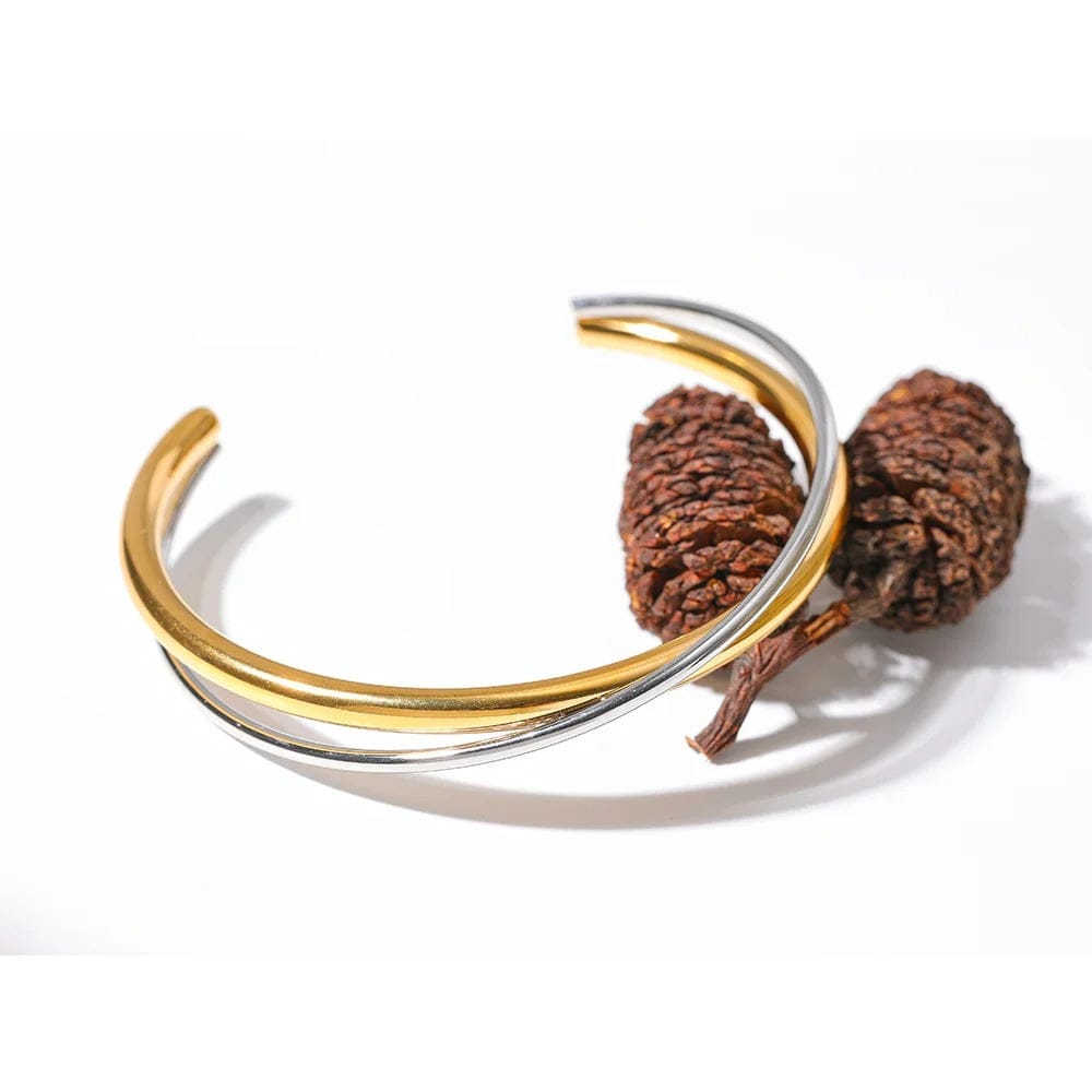 Yhpup imperméable 18K plaqué or géométrique en acier inoxydable Double couleur manchette Bracelet déclaration charme Texture bijoux nouveau YH1632A