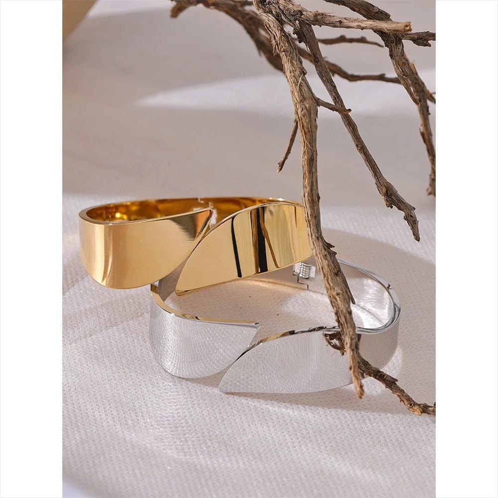 Yhpup nouveau Bracelet géométrique large en acier inoxydable lisse brillant Texture métallique plaqué or 18 carats PVD bijoux imperméables 2024
