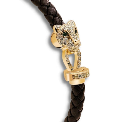 Bracelet cuir tressé femme tête de panthère