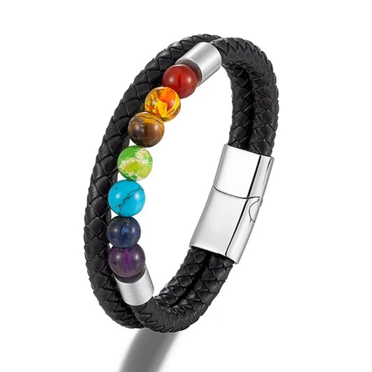 7 Chakra Bracelet en cuir véritable hommes femmes cristal naturel guérison l'anxiété bijoux Mandala Yoga méditation Bracelet cadeau 21cm