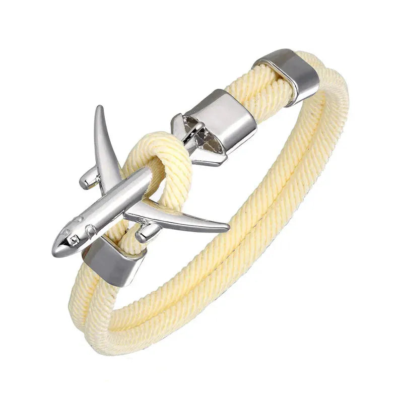 Bracelet Avion Homme – Cordon Résistant, Fermoir Avion Acier, Style Voyage & Aventurier Beige / 19 cm / Argent