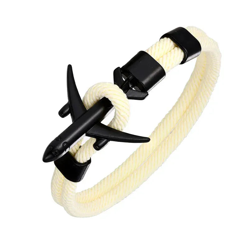 Bracelet Avion Homme – Cordon Résistant, Fermoir Avion Acier, Style Voyage & Aventurier Beige / 19 cm / Titanium