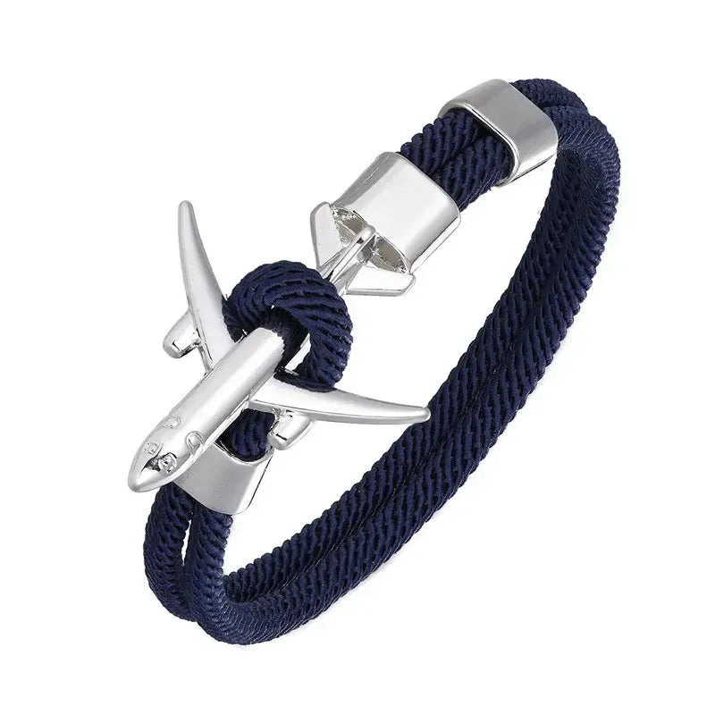 Bracelet Avion Homme – Cordon Résistant, Fermoir Avion Acier, Style Voyage & Aventurier Bleu Foncé / 19 cm / Argent