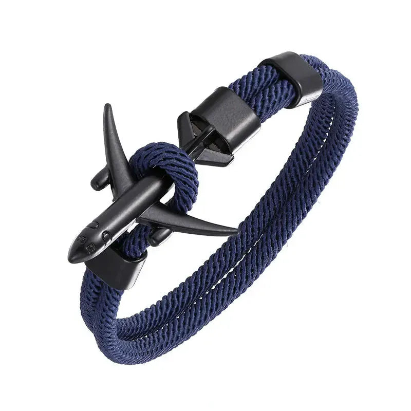 Bracelet Avion Homme – Cordon Résistant, Fermoir Avion Acier, Style Voyage & Aventurier Bleu Foncé / 19 cm / Titanium