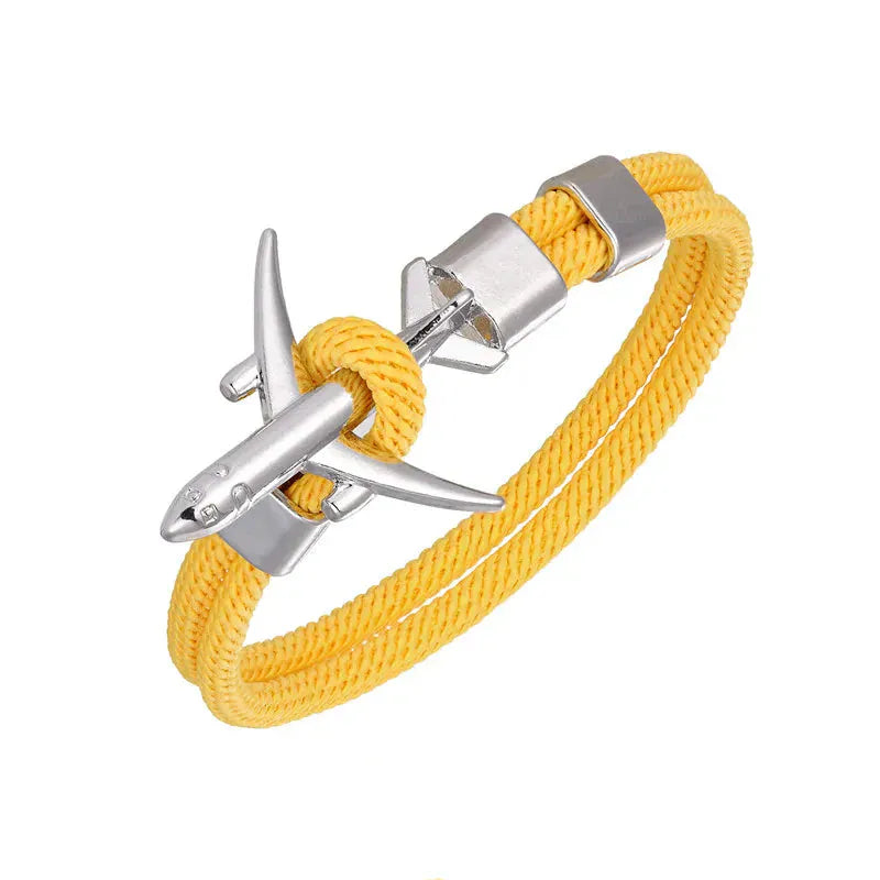 Bracelet Avion Homme – Cordon Résistant, Fermoir Avion Acier, Style Voyage & Aventurier Jaune / 19 cm / Argent