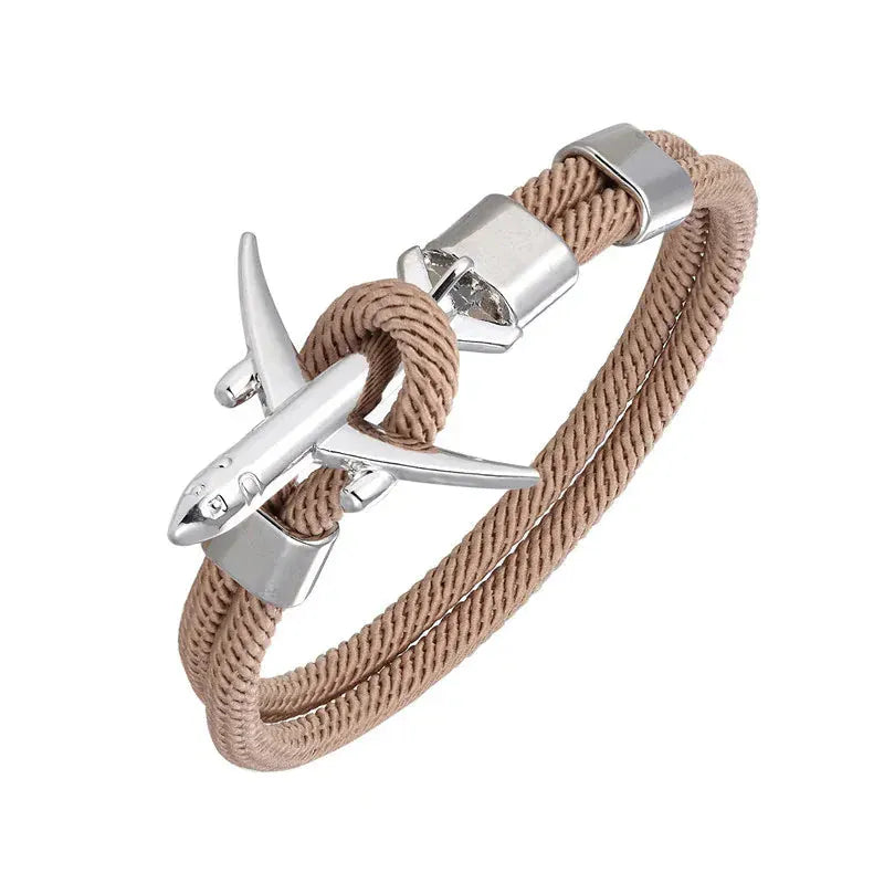 Bracelet Avion Homme – Cordon Résistant, Fermoir Avion Acier, Style Voyage & Aventurier Maron Clair / 19 cm / Argent