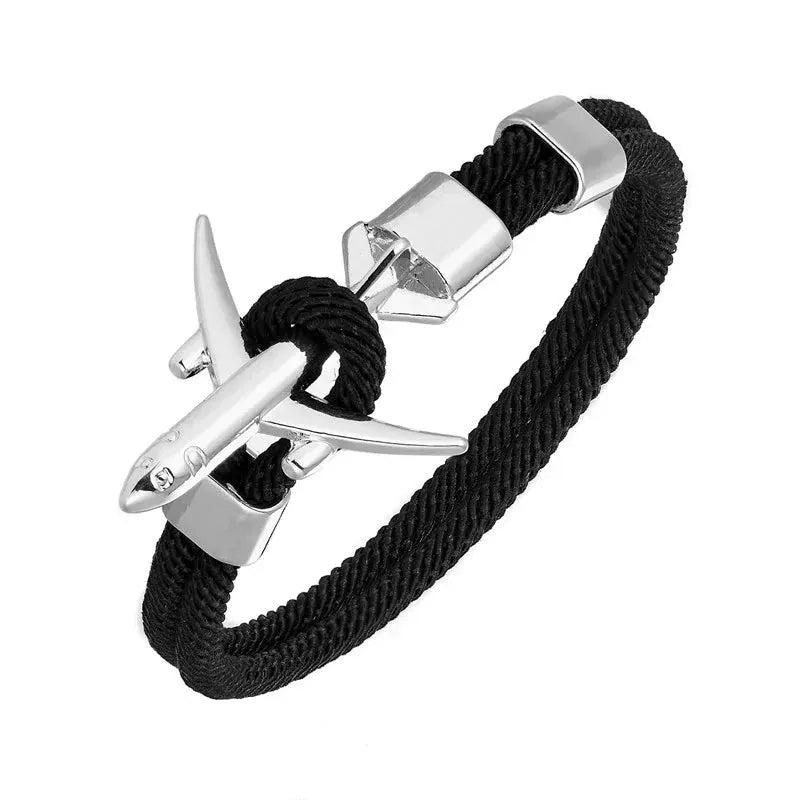 Bracelet Avion Homme – Cordon Résistant, Fermoir Avion Acier, Style Voyage & Aventurier Noir / 19 cm / Argent