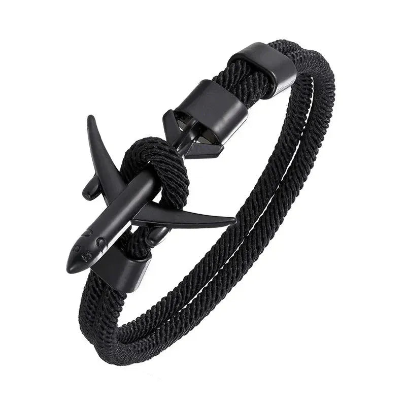 Bracelet Avion Homme – Cordon Résistant, Fermoir Avion Acier, Style Voyage & Aventurier Noir / 19 cm / Titanium