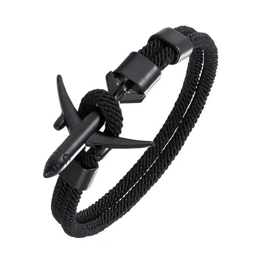 Bracelet Avion Homme – Cordon Résistant, Fermoir Avion Acier, Style Voyage & Aventurier Noir / 19 cm / Titanium