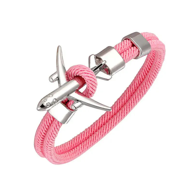 Bracelet Avion Homme – Cordon Résistant, Fermoir Avion Acier, Style Voyage & Aventurier Rose / 19 cm / Argent