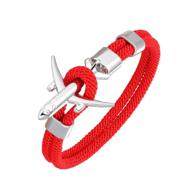 Bracelet Avion Homme – Cordon Résistant, Fermoir Avion Acier, Style Voyage & Aventurier Rouge / 19 cm / Argent