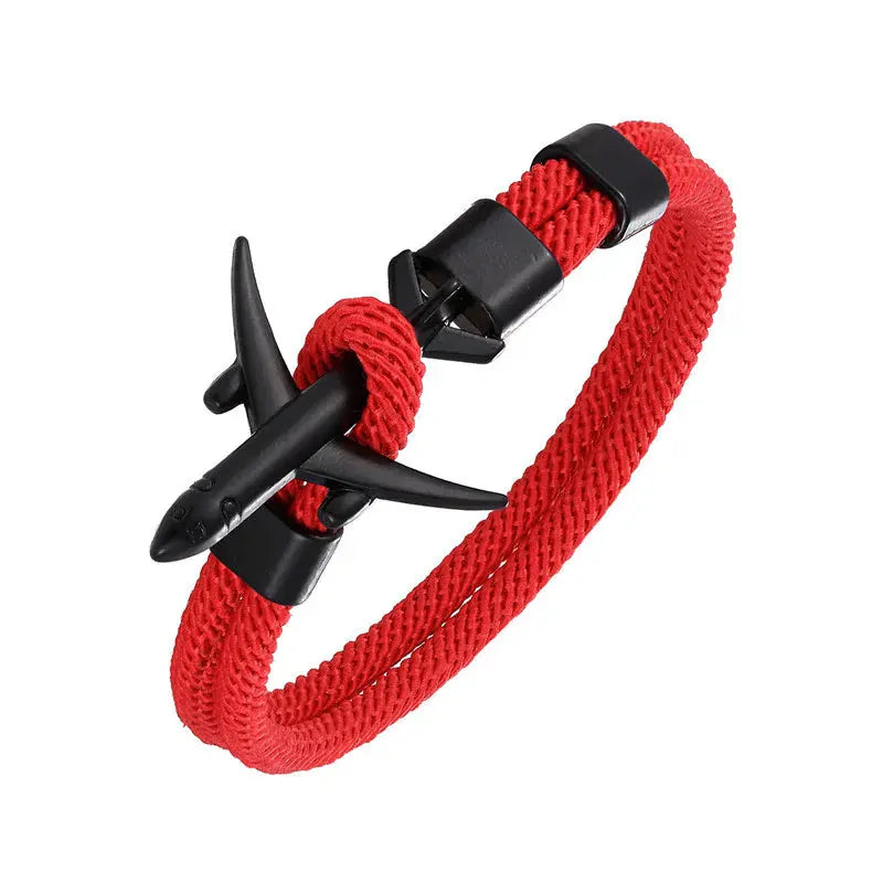 Bracelet Avion Homme – Cordon Résistant, Fermoir Avion Acier, Style Voyage & Aventurier Rouge / 19 cm / Titanium
