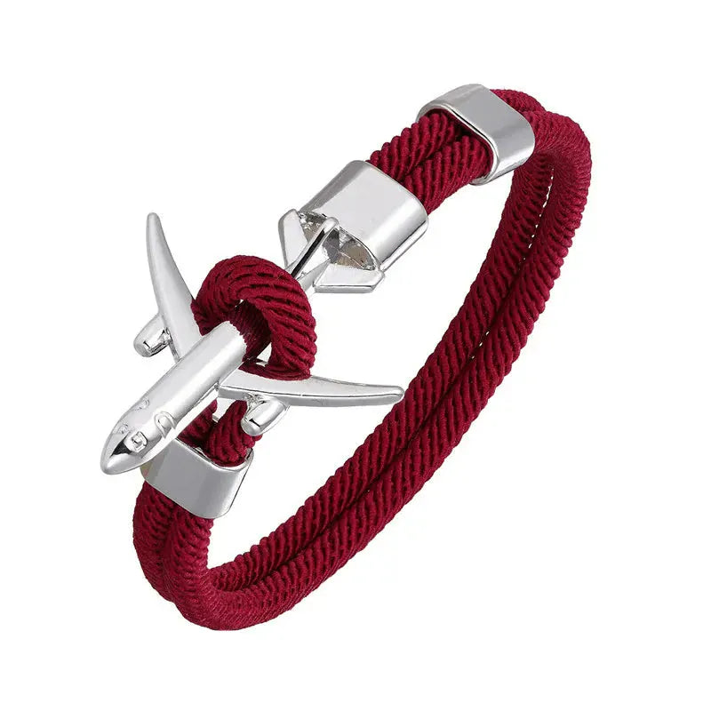 Bracelet Avion Homme – Cordon Résistant, Fermoir Avion Acier, Style Voyage & Aventurier Rouge Foncé / 19 cm / Argent