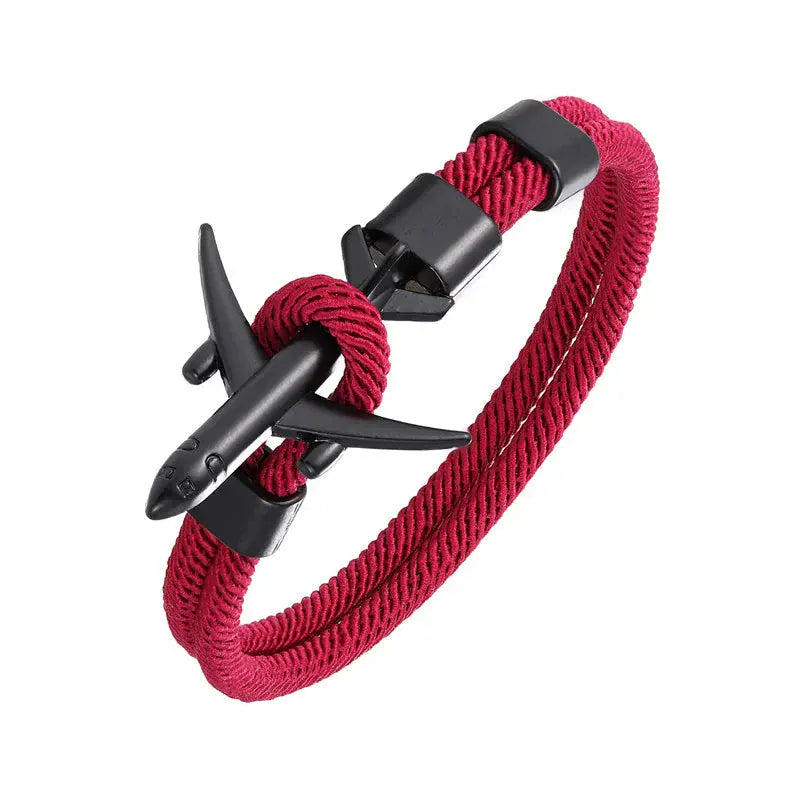 Bracelet Avion Homme – Cordon Résistant, Fermoir Avion Acier, Style Voyage & Aventurier Rouge Foncé / 19 cm / Titanium