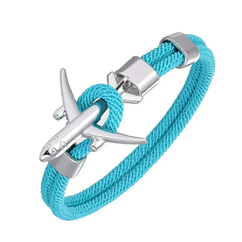 Bracelet Avion Homme – Cordon Résistant, Fermoir Avion Acier, Style Voyage & Aventurier Turquoise / 19 cm / Argent