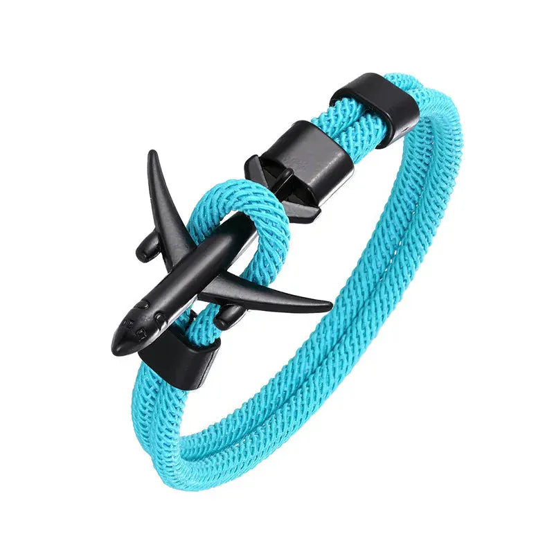 Bracelet Avion Homme – Cordon Résistant, Fermoir Avion Acier, Style Voyage & Aventurier Turquoise / 19 cm / Titanium