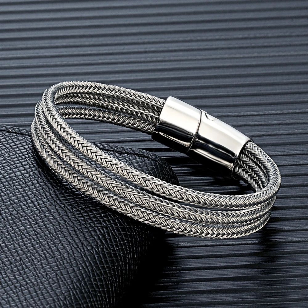 Bracelet câble tressé acier homme triple rang magnétique | WristArt
