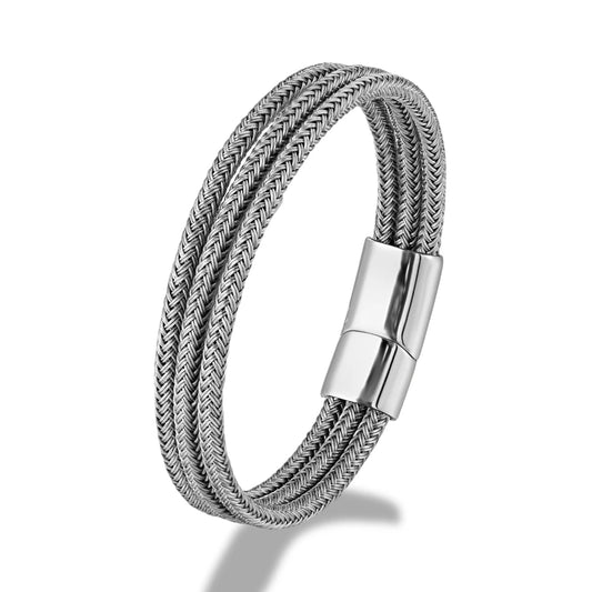Bracelet câble tressé acier homme triple rang magnétique | WristArt Argent / 23 cm
